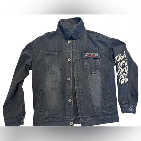 Graphic Black Denim Jacket Punk Streetwear moto Jean Jacket Angel Patch - Picture 5 of 16